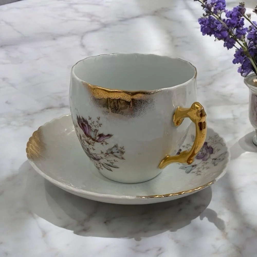 Vintage Teacup And Saucer Dresden Germany, Floral Embossed, Painted Design, Gold
